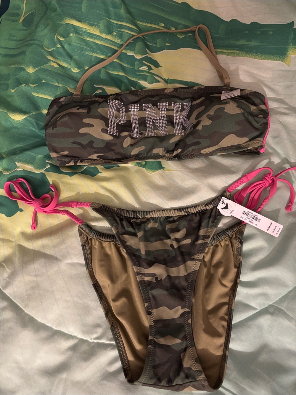 PINK Victoria's Secret Camo Bikini Set with Pink Tie Accents